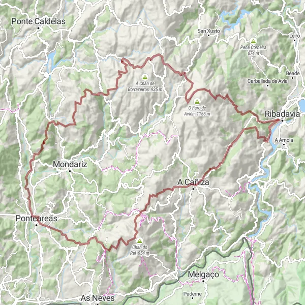 Map miniature of "Ribadavia - Melón Gravel Adventure" cycling inspiration in Galicia, Spain. Generated by Tarmacs.app cycling route planner