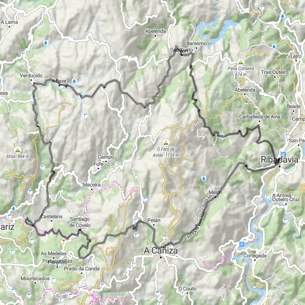 Miniature de la carte de l'inspiration cycliste "La route des sommets et des vallées" dans la Galicia, Spain. Générée par le planificateur d'itinéraire cycliste Tarmacs.app