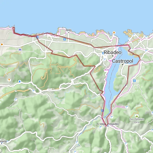 Miniatura mapy "Runda gravelowa zaczynająca się niedaleko Ribadeo (Galicia, Hiszpania)" - trasy rowerowej w Galicia, Spain. Wygenerowane przez planer tras rowerowych Tarmacs.app