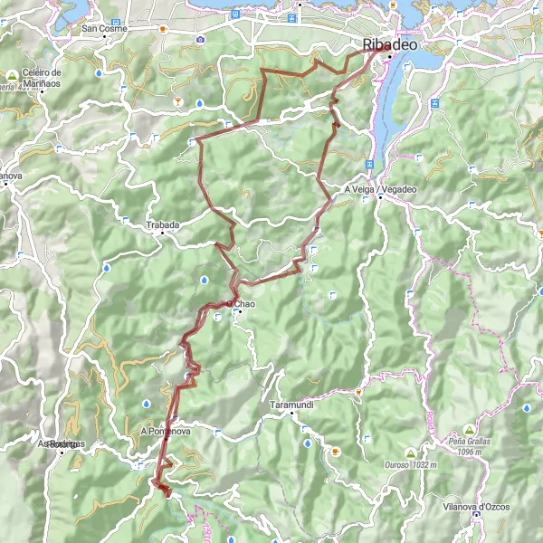 Miniaturní mapa "Gravelová trasa San Vicente – O Campoxurado" inspirace pro cyklisty v oblasti Galicia, Spain. Vytvořeno pomocí plánovače tras Tarmacs.app