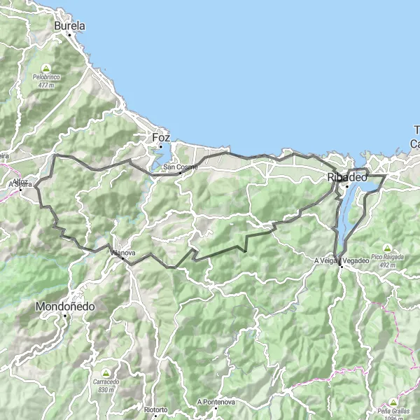 Miniaturní mapa "Cyklovýlet okolo Ribadeo s historickými zastávkami" inspirace pro cyklisty v oblasti Galicia, Spain. Vytvořeno pomocí plánovače tras Tarmacs.app