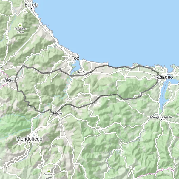 Miniatura della mappa di ispirazione al ciclismo "Road Cycling Tour Near Ribadeo" nella regione di Galicia, Spain. Generata da Tarmacs.app, pianificatore di rotte ciclistiche