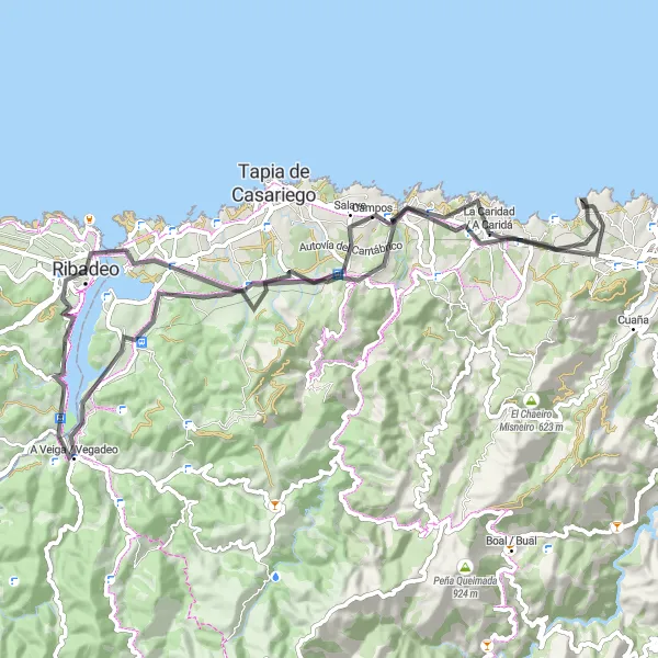 Miniatura della mappa di ispirazione al ciclismo "78 km road cycling near Ribadeo" nella regione di Galicia, Spain. Generata da Tarmacs.app, pianificatore di rotte ciclistiche