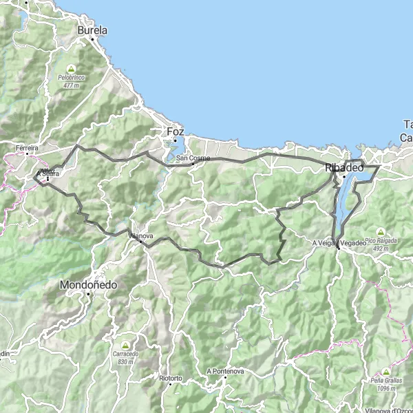 Miniature de la carte de l'inspiration cycliste "Le Tour des Châteaux et des Points de Vue" dans la Galicia, Spain. Générée par le planificateur d'itinéraire cycliste Tarmacs.app