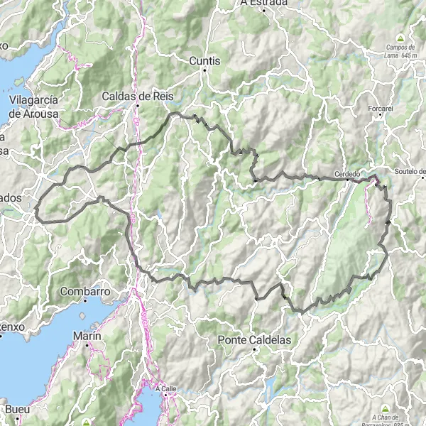 Miniatura della mappa di ispirazione al ciclismo "Giro ciclistico di 123 km partendo da Ribadumia" nella regione di Galicia, Spain. Generata da Tarmacs.app, pianificatore di rotte ciclistiche