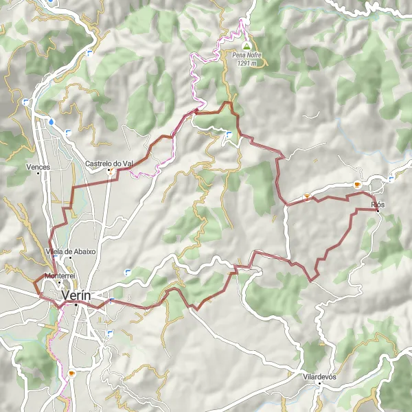 Miniatua del mapa de inspiración ciclista "Ruta de Monterrei a Riós por Castrelo do Val" en Galicia, Spain. Generado por Tarmacs.app planificador de rutas ciclistas