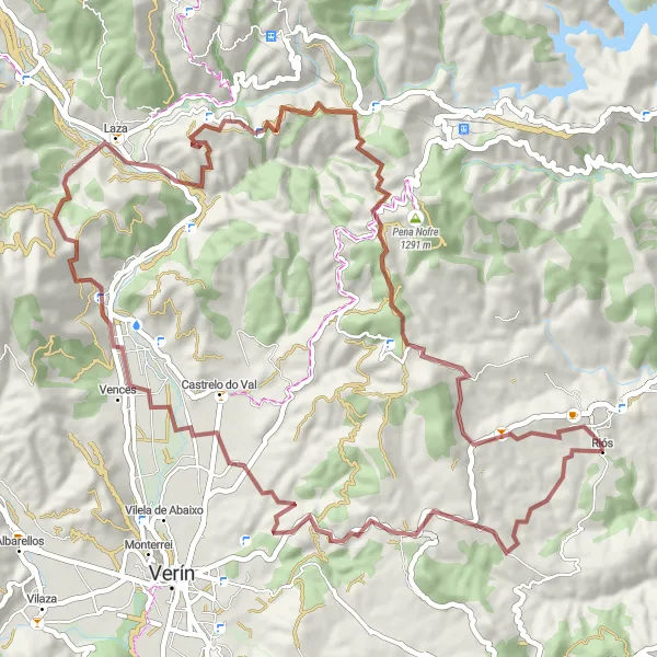 Miniatuurkaart van de fietsinspiratie "Riós gravel ontdekkingstocht" in Galicia, Spain. Gemaakt door de Tarmacs.app fietsrouteplanner