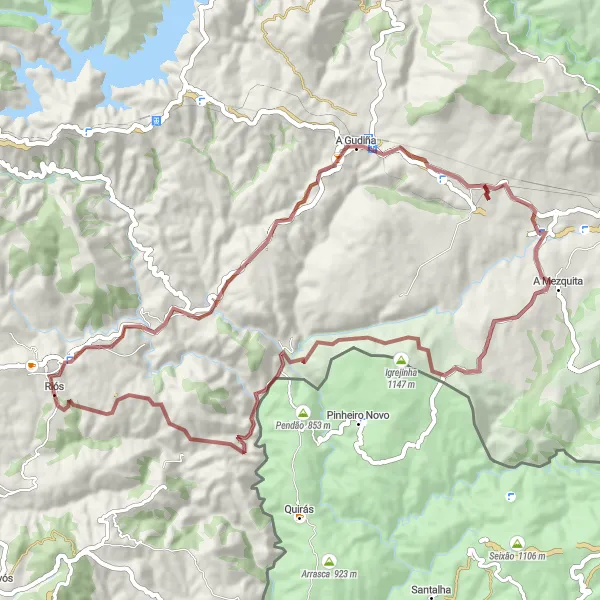 Miniatura della mappa di ispirazione al ciclismo "Avventura ciclistica da Riós ad O Seixo attraverso A Gudiña" nella regione di Galicia, Spain. Generata da Tarmacs.app, pianificatore di rotte ciclistiche