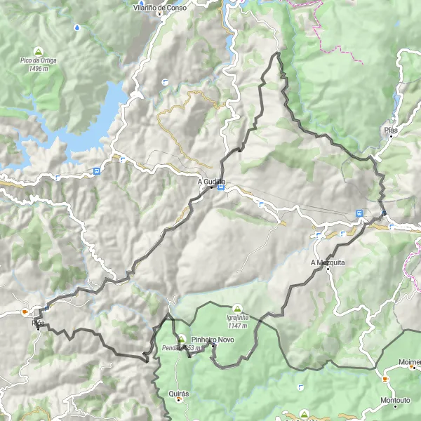 Miniatura della mappa di ispirazione al ciclismo "Avventura su strada tra San Lourenzo de Pentes e Riós attraverso A Mezquita" nella regione di Galicia, Spain. Generata da Tarmacs.app, pianificatore di rotte ciclistiche