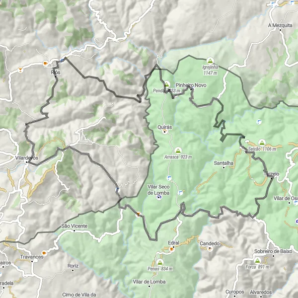 Miniatua del mapa de inspiración ciclista "Recorrido de 93km en carretera desde Riós" en Galicia, Spain. Generado por Tarmacs.app planificador de rutas ciclistas