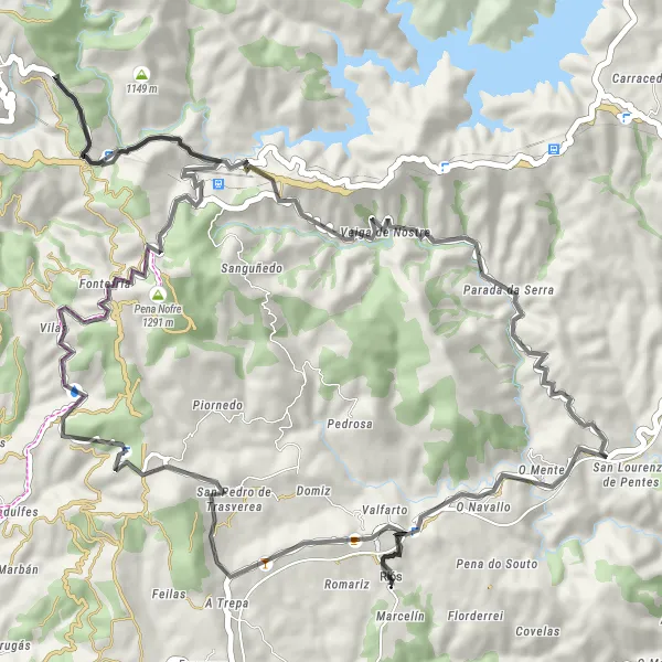 Miniatua del mapa de inspiración ciclista "Aventura en carretera de 68km desde Riós" en Galicia, Spain. Generado por Tarmacs.app planificador de rutas ciclistas