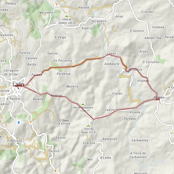Miniature de la carte de l'inspiration cycliste "Le Circuit de la Ribeira Sacra" dans la Galicia, Spain. Générée par le planificateur d'itinéraire cycliste Tarmacs.app