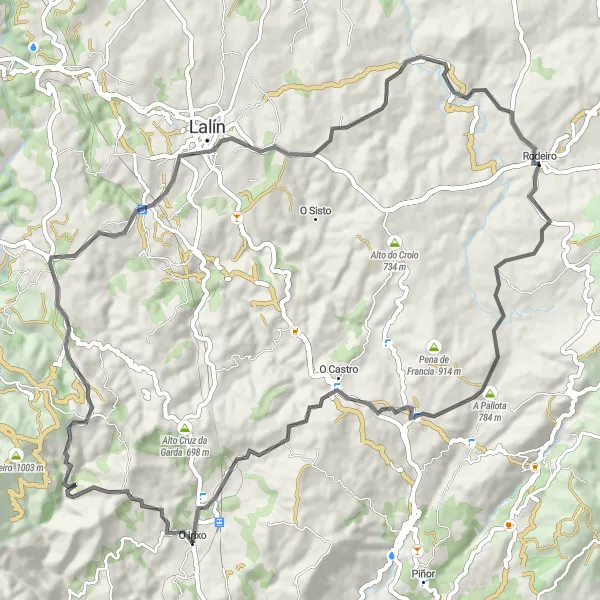 Map miniature of "Exploring Bidueiros" cycling inspiration in Galicia, Spain. Generated by Tarmacs.app cycling route planner