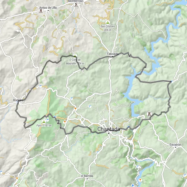 Miniatura della mappa di ispirazione al ciclismo "Giro in bicicletta da Rodeiro a Chantada" nella regione di Galicia, Spain. Generata da Tarmacs.app, pianificatore di rotte ciclistiche