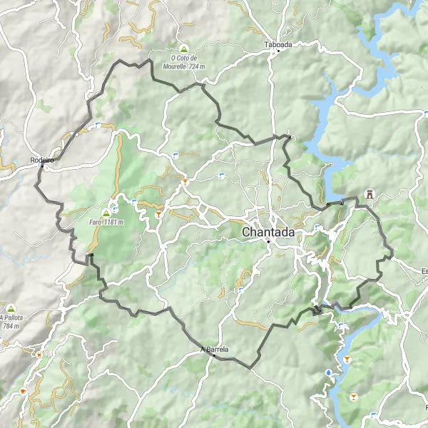 Miniatura della mappa di ispirazione al ciclismo "Giro in bicicletta da Rodeiro a Xabaldiño" nella regione di Galicia, Spain. Generata da Tarmacs.app, pianificatore di rotte ciclistiche
