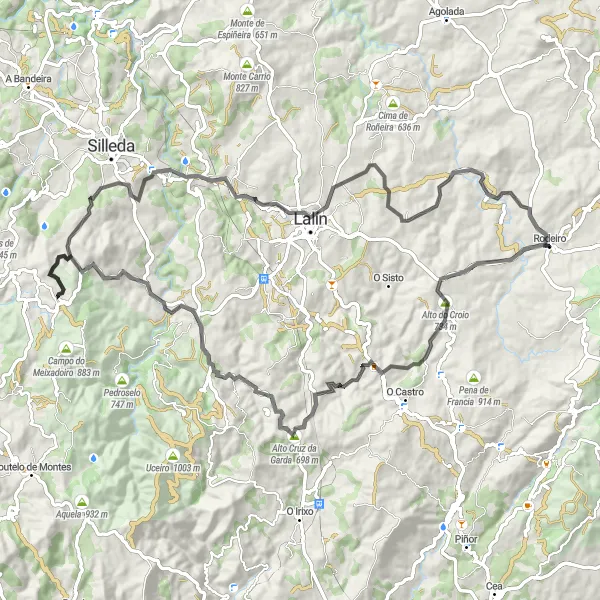Miniatura della mappa di ispirazione al ciclismo "Avventura in bicicletta da Rodeiro a Lalín" nella regione di Galicia, Spain. Generata da Tarmacs.app, pianificatore di rotte ciclistiche