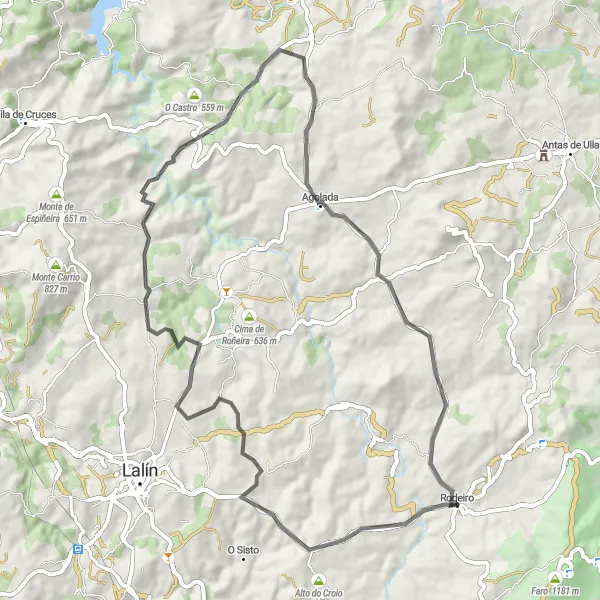Miniatura della mappa di ispirazione al ciclismo "Passeggiata in bici da Rodeiro a Paradela" nella regione di Galicia, Spain. Generata da Tarmacs.app, pianificatore di rotte ciclistiche