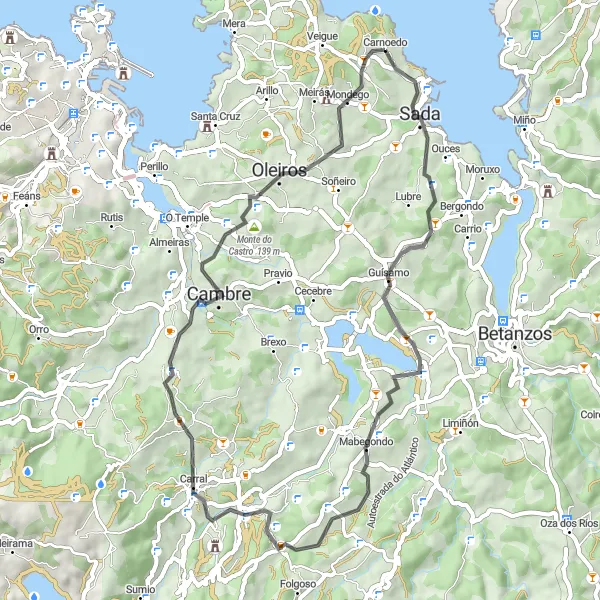 Miniature de la carte de l'inspiration cycliste "Cycling de route de Sada à Mosteirón" dans la Galicia, Spain. Générée par le planificateur d'itinéraire cycliste Tarmacs.app