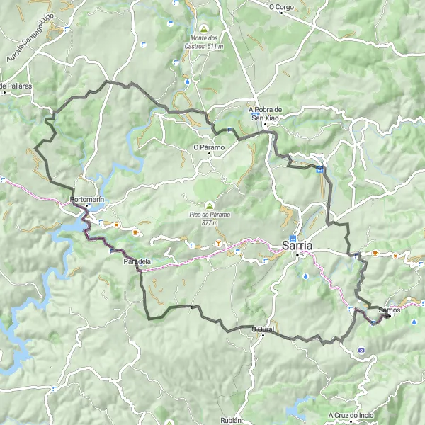 Miniaturní mapa "Road to Portomarín: A Journey Through History" inspirace pro cyklisty v oblasti Galicia, Spain. Vytvořeno pomocí plánovače tras Tarmacs.app