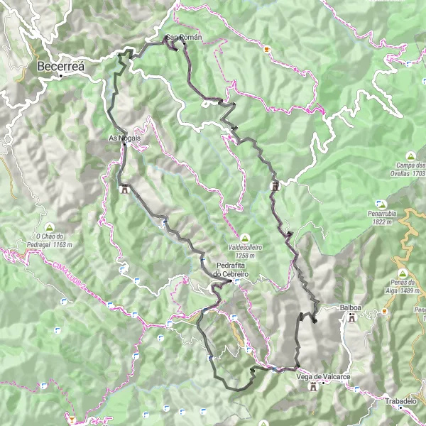 Miniatua del mapa de inspiración ciclista "Ruta panorámica hacia Las Herrerías de Valcarce" en Galicia, Spain. Generado por Tarmacs.app planificador de rutas ciclistas