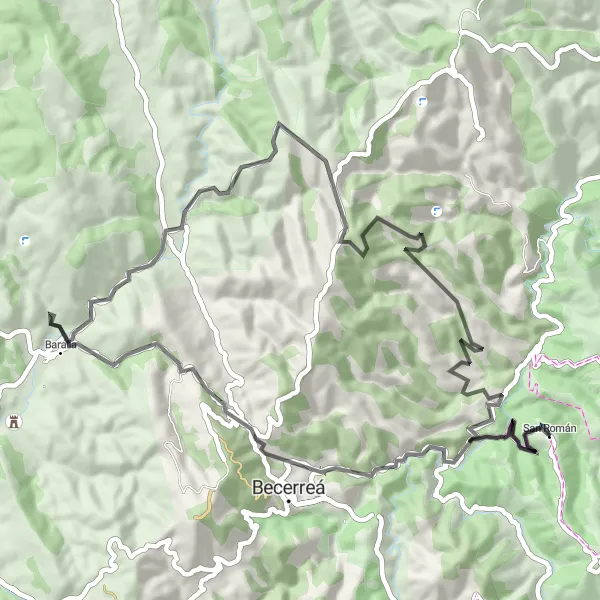 Miniatua del mapa de inspiración ciclista "Ruta desde San Román hacia Fontaron" en Galicia, Spain. Generado por Tarmacs.app planificador de rutas ciclistas