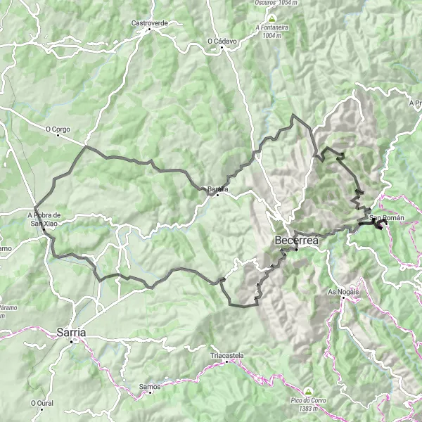 Miniatua del mapa de inspiración ciclista "Excursión a San Román desde Baralla" en Galicia, Spain. Generado por Tarmacs.app planificador de rutas ciclistas