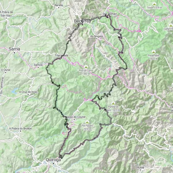 Miniatua del mapa de inspiración ciclista "Recorrido panorámico desde San Román a Pregamento de Campodola – Leixazós" en Galicia, Spain. Generado por Tarmacs.app planificador de rutas ciclistas