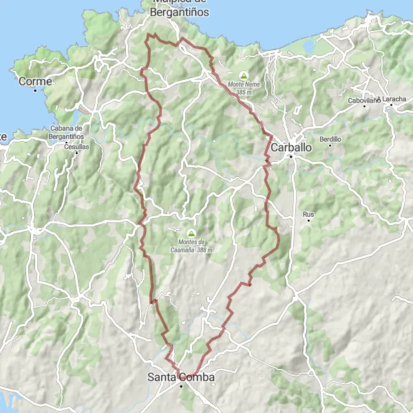 Miniatua del mapa de inspiración ciclista "Ruta de Ciclismo de Grava - Cuns, Monte do Couto, Cerqueirás de Arriba, O Montiño, Santa Comba" en Galicia, Spain. Generado por Tarmacs.app planificador de rutas ciclistas