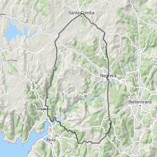 Miniaturní mapa "Santa Comba loop via O Cubo and O Sino" inspirace pro cyklisty v oblasti Galicia, Spain. Vytvořeno pomocí plánovače tras Tarmacs.app