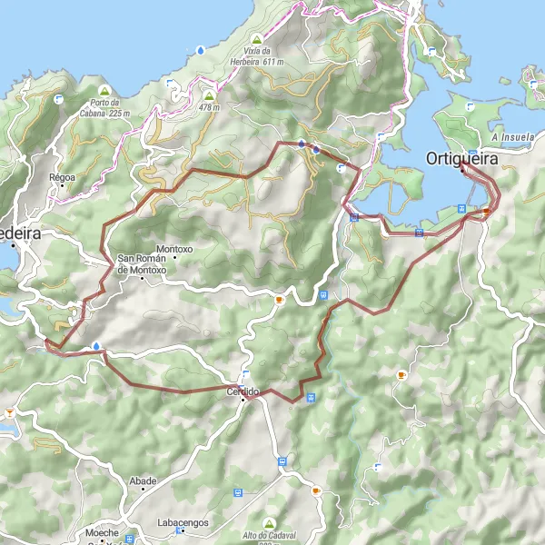 Miniatua del mapa de inspiración ciclista "Ruta de Grava Cerdido - A Ponte de Mera" en Galicia, Spain. Generado por Tarmacs.app planificador de rutas ciclistas