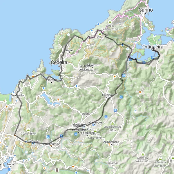 Miniaturekort af cykelinspirationen "Vejcykelrute til O Pousadoiro de Arriba, Moeche, Moimentos, Valdoviño, Miradoiro do Paraño, Cedeira og Ortigueira" i Galicia, Spain. Genereret af Tarmacs.app cykelruteplanlægger