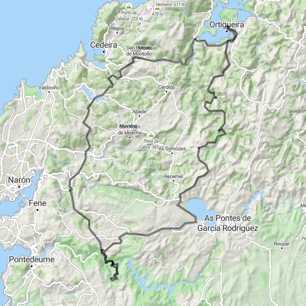 Miniatua del mapa de inspiración ciclista "Ruta de Santa Marta de Ortigueira - Burreiros de Arriba - Seixas - Montes da Serra - Cabodantoi - A Torre de San Bartolomeu - Moimentos - San Román de Montoxo - Ortigueira" en Galicia, Spain. Generado por Tarmacs.app planificador de rutas ciclistas