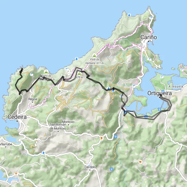 Miniatua del mapa de inspiración ciclista "Ruta en Bicicleta de Carretera por Cervo y Ortigueira" en Galicia, Spain. Generado por Tarmacs.app planificador de rutas ciclistas