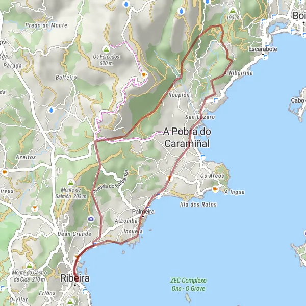 Miniatura della mappa di ispirazione al ciclismo "Esplorazione in mountain bike alla scoperta dei petroglifi" nella regione di Galicia, Spain. Generata da Tarmacs.app, pianificatore di rotte ciclistiche
