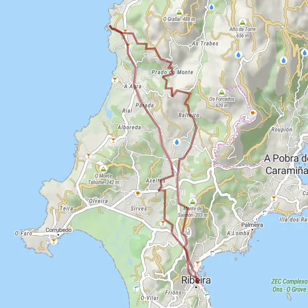 Map miniature of "The Gravel Trails of Santa Uxía" cycling inspiration in Galicia, Spain. Generated by Tarmacs.app cycling route planner