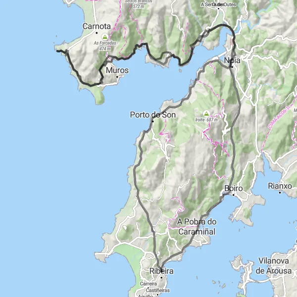 Miniatuurkaart van de fietsinspiratie "Wielrenroute vanuit Santa Uxía de Ribeira naar Castros de San Roque" in Galicia, Spain. Gemaakt door de Tarmacs.app fietsrouteplanner