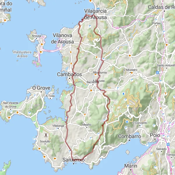Miniature de la carte de l'inspiration cycliste "Tour de gravier à travers les villages côtiers et les collines verdoyantes" dans la Galicia, Spain. Générée par le planificateur d'itinéraire cycliste Tarmacs.app