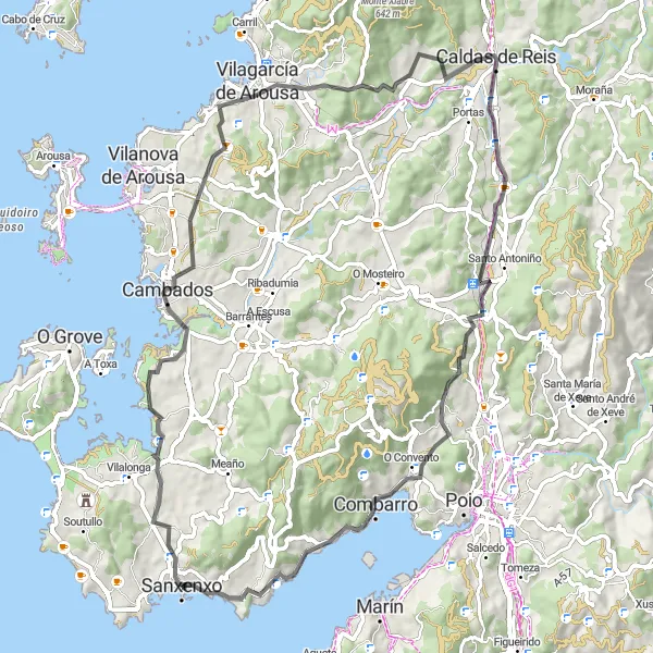 Miniatura della mappa di ispirazione al ciclismo "Giro in bicicletta da Sanxenxo a Miradoiro do Porto" nella regione di Galicia, Spain. Generata da Tarmacs.app, pianificatore di rotte ciclistiche