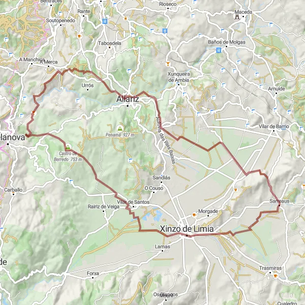 Miniaturekort af cykelinspirationen "Gravel Cycling Adventure near Sarreaus" i Galicia, Spain. Genereret af Tarmacs.app cykelruteplanlægger