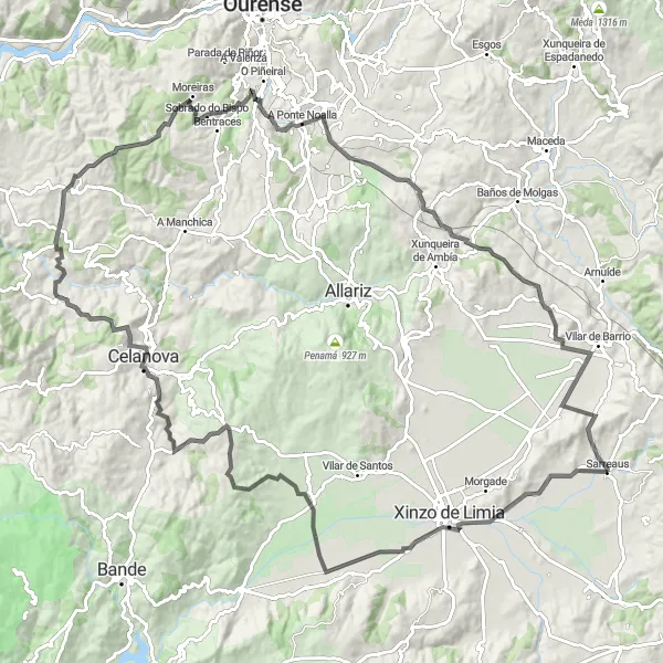Miniatura della mappa di ispirazione al ciclismo "Tour in bicicletta tra Sarreaus e Vilar de Barrio" nella regione di Galicia, Spain. Generata da Tarmacs.app, pianificatore di rotte ciclistiche