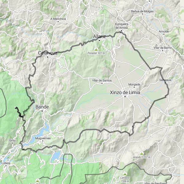 Miniature de la carte de l'inspiration cycliste "Une Aventure de 150 km à travers les Montagnes Galiciennes" dans la Galicia, Spain. Générée par le planificateur d'itinéraire cycliste Tarmacs.app