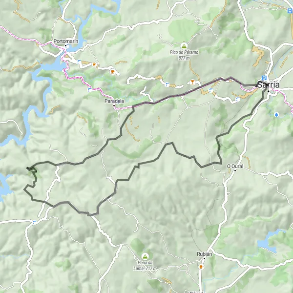 Miniatua del mapa de inspiración ciclista "Ruta de los ribeiros y bosques" en Galicia, Spain. Generado por Tarmacs.app planificador de rutas ciclistas