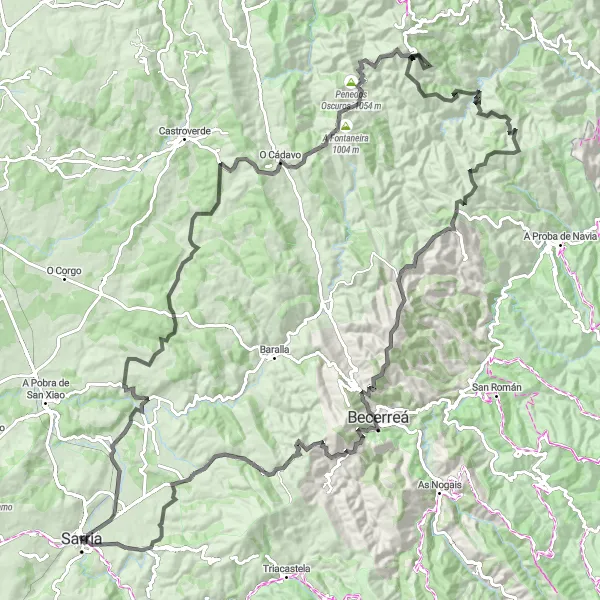 Miniatua del mapa de inspiración ciclista "Ruta de A Veiga de Outeiro a Fontaron" en Galicia, Spain. Generado por Tarmacs.app planificador de rutas ciclistas