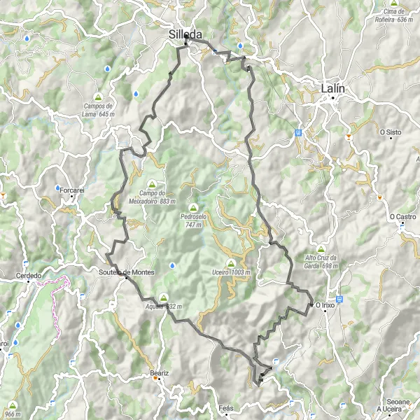 Map miniature of "Challenge Yourself on the Surprising Road" cycling inspiration in Galicia, Spain. Generated by Tarmacs.app cycling route planner