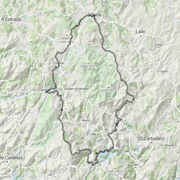Miniatura della mappa di ispirazione al ciclismo "Escursione in bicicletta da Silleda a Forcarei" nella regione di Galicia, Spain. Generata da Tarmacs.app, pianificatore di rotte ciclistiche