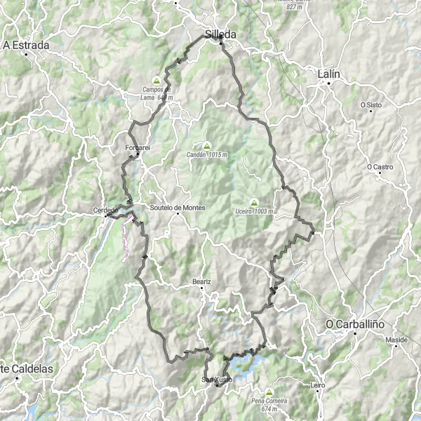 Miniaturekort af cykelinspirationen "Rundtur fra Silleda til Forcarei" i Galicia, Spain. Genereret af Tarmacs.app cykelruteplanlægger