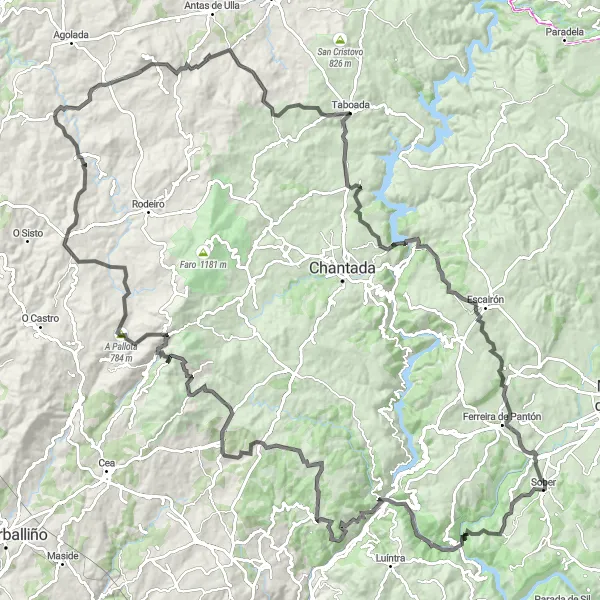 Miniatura mapy "Trasa rowerowa Sober-A Pena do Conde-Ribeira Sacra-Os Peares-A Pallota-Cerro da Rocha-Gurgueiro-O Coto de Mourelle-Cardavós-Moradela" - trasy rowerowej w Galicia, Spain. Wygenerowane przez planer tras rowerowych Tarmacs.app