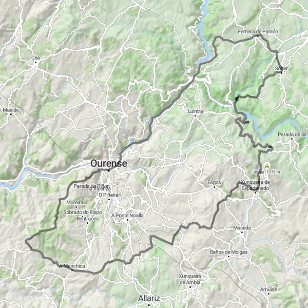 Miniatura della mappa di ispirazione al ciclismo "Itinerario ciclistico stradale attraverso la Ribeira Sacra" nella regione di Galicia, Spain. Generata da Tarmacs.app, pianificatore di rotte ciclistiche