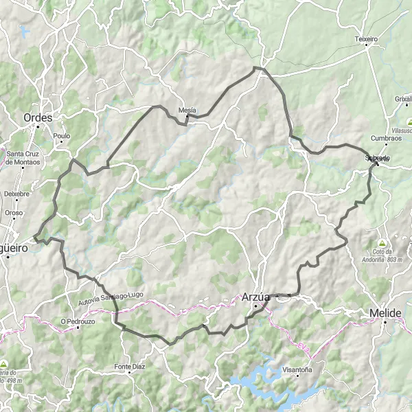 Miniatura della mappa di ispirazione al ciclismo "Giro delle Brañas" nella regione di Galicia, Spain. Generata da Tarmacs.app, pianificatore di rotte ciclistiche