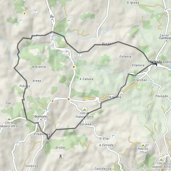 Miniatua del mapa de inspiración ciclista "Ruta escénica a O Pinar y Lobomorto" en Galicia, Spain. Generado por Tarmacs.app planificador de rutas ciclistas